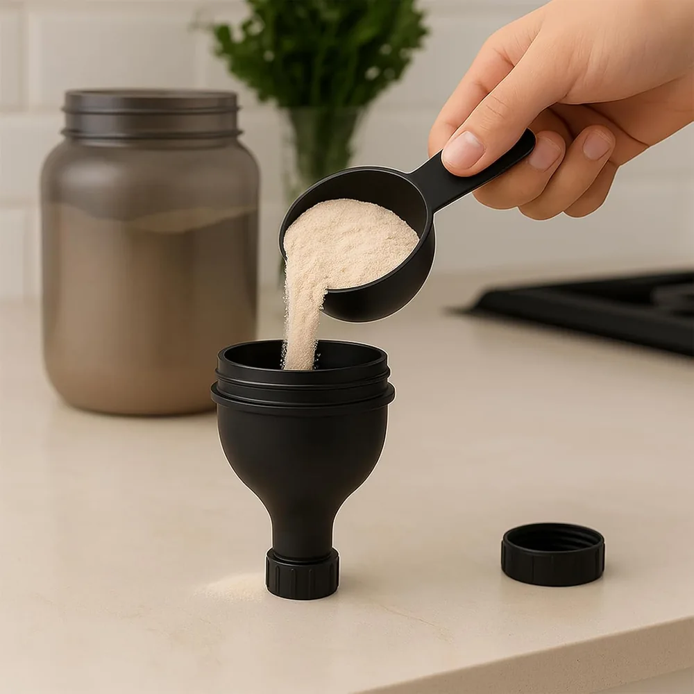 Powder entering the wide top with the lower cap fitted